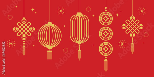 gold traditional chinese lantern hanging line art decoration on red background