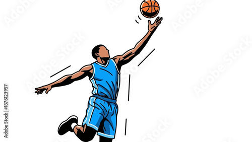 Basketball player in mid-air, dunking ball with dynamic motion, illustration, sports action, energetic scene