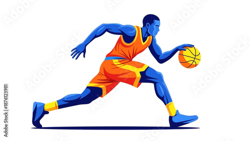 Dynamic illustration of a male basketball player in action, dribbling on court with vibrant colors from a side view.