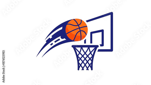 logo basketball swooshes through hoop in a burst of motion