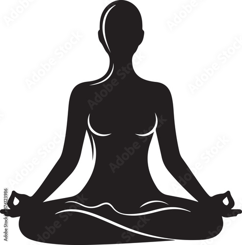 Woman in black silhouette meditating in lotus position peacefully