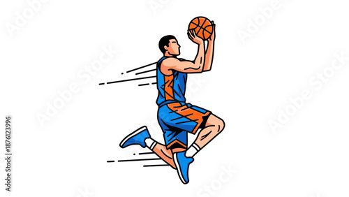 Dynamic basketball player jumping to score in blue and orange uniform