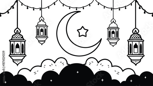 Ramadan Kareem Crescent Moon and Lanterns Outline