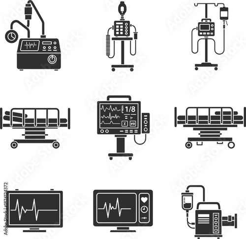 Intensive Care Unit Medical Equipment Vector Set Featuring Hospital Beds Vital Signs Monitors Ventilators and Intravenous Infusion Pumps.
