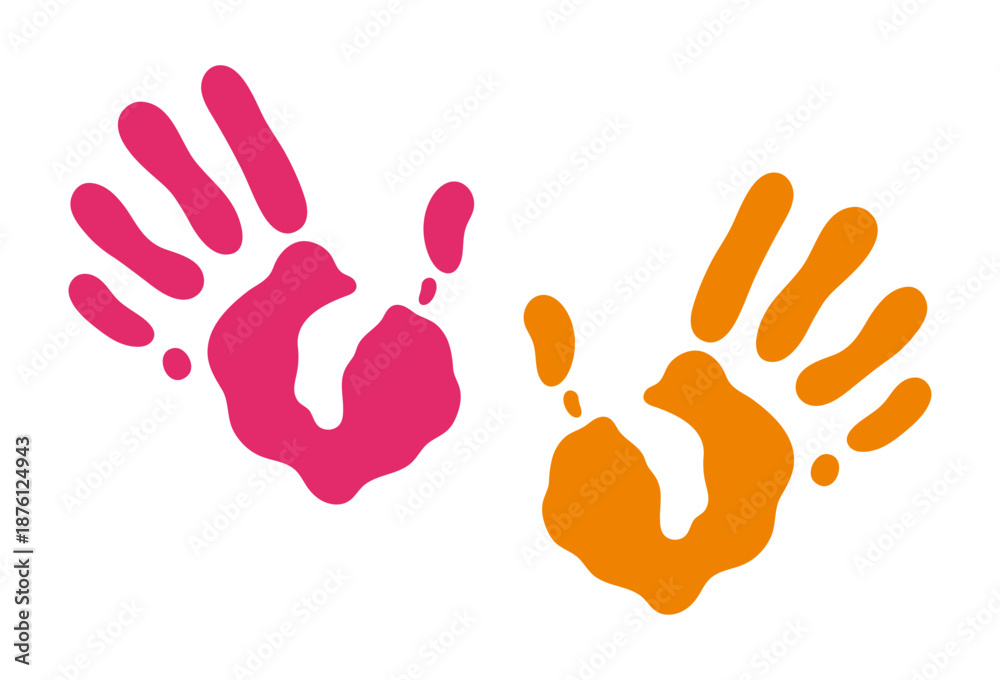 Obraz premium Colorful handprints vector illustration. Holi, the Indian spring festival of colors. Bright hand prints isolated on white. Gulal powder stains, symbol of the seasonal celebration. Vibrant kids palms