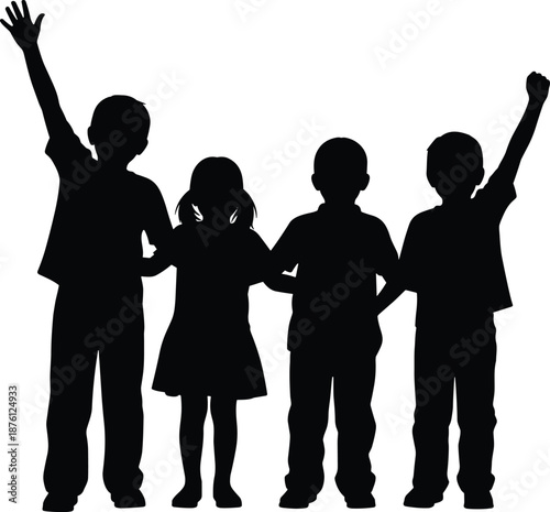 Black silhouette of four diverse children standing together with raised hands, celebrating childhood friendship, youth empowerment, and group unity in isolated vector illustration.