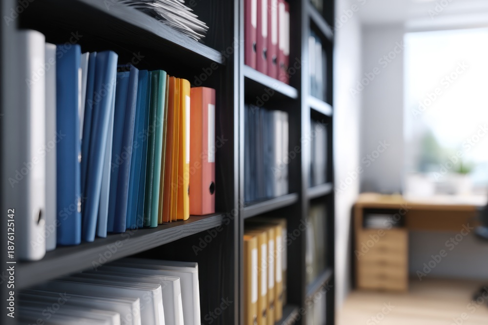 Naklejka premium Row of colorful binder spines on dark metal shelves in a quiet office or library, bathed in soft daylight. now