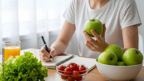Healthy eating and wellness tracking with fresh produce and a notebook