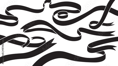 Black ribbons swirling on a white background abstract design