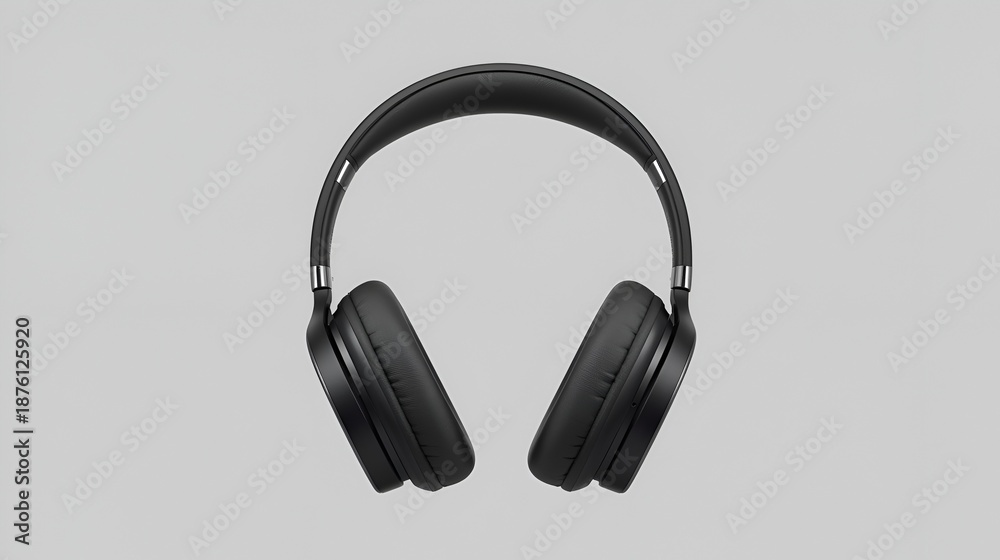 Fototapeta premium Classic Black Over-Ear Headphones with Leather Padding, High Fidelity Audio Equipment for Studio or Travel