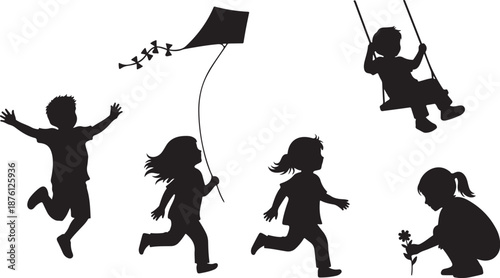 Silhouettes of happy children playing outside in summer fun