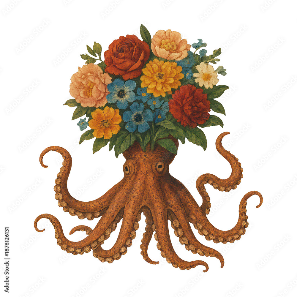 Naklejka premium PNG Octopus bouquet surreal illustration