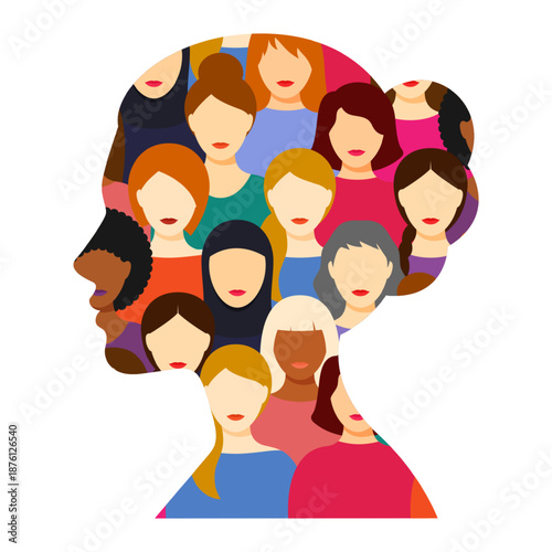 Vector illustration of group of women portraits arranged in a lady face shape on transparent background