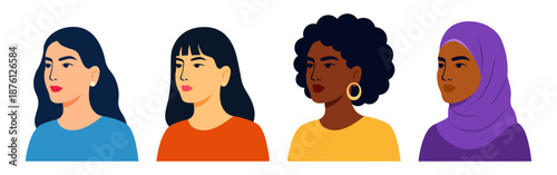 Vector illustration of group of four women portraits on transparent background