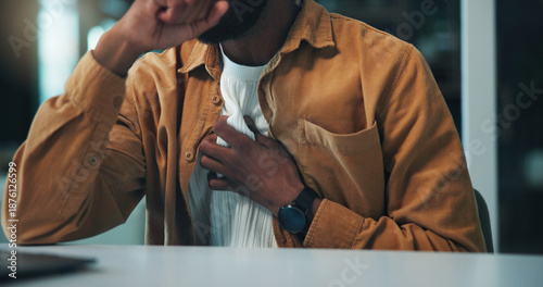 Fotografia Man, hands and chest pain in office with heart attack symptoms, respiratory issue or problem at night