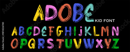 Hand-drawn distressed colorful capital alphabet letters with a bold dry brush texture, perfect for kids’ designs and playful typography.