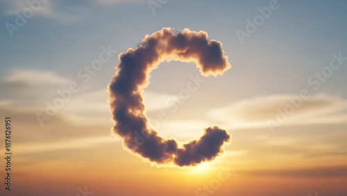 Letter C Shaped Cloud Floating in Dramatic Golden Sunset Sky. Creative Capital Alphabet Font Formed by Smoke or Vapour, 3D Rendered Design Element.