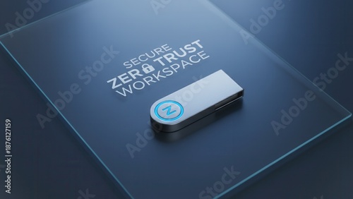 Conceptual image of a secure zero trust workspace, featuring a sleek digital key for advanced data