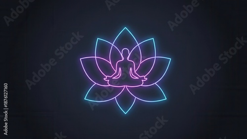 Glowing neon lotus flower with meditating figure embodying spiritual harmony and modern tranquility