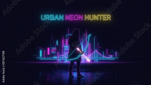 Neon lit silhouette of a futuristic hunter with a bow and arrow against a vibrant cyberpunk city