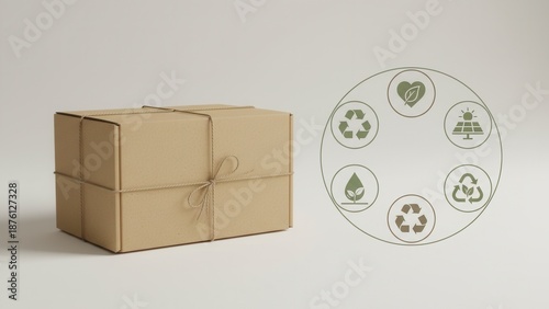 Eco-friendly kraft packaging box with sustainable icons illustrating environmental protection and