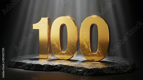 Sparkling Gold 100 Number on Dark Stone Podium under Dramatic Spotlight. Perfect for Milestone, Anniversary, or Achievement Celebration Background.
