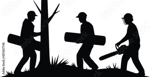 Workers carrying logs and chainsaw