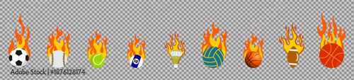 Sports balls icon set with flaming fire decoration for dynamic action design elements