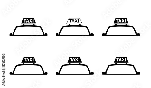 Simple Black and White Taxi Car Roof Sign Icons Flat Transportation Vector Set