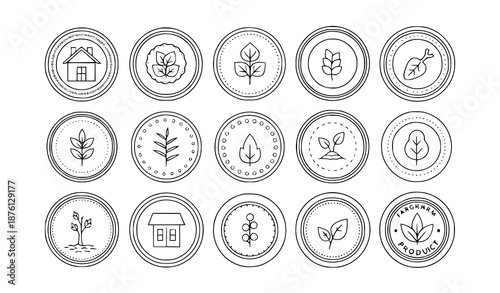 Simple Black and White Farm Product Circular Stamp Badges Line Vector Collection