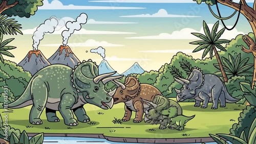 Triceratops Dinosaur Family Cartoon Prehistoric Jungle Volcano Scene