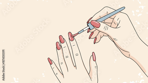 Close-up of hands applying red nail polish to long fingernails as part of a beauty treatment or manicure session at home.