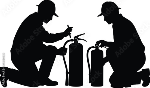 Firefighters inspecting fire extinguishers