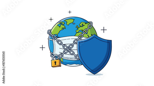Planet earth wearing a medical face mask and protected by chains a padlock and a blue shield for global health security.