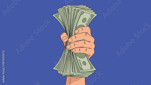 Human hand squeezing a thick stack of hundred dollar bills tightly against a solid blue background for finance concepts.