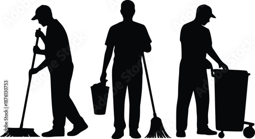 Cleaning Professionals at Work: A collection of silhouetted figures of cleaning professionals, each engaged in different tasks.