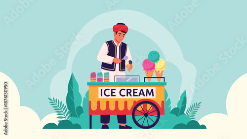 Turkish ice cream vendor in traditional clothing serving colorful scoops to customers at a decorated yellow street cart.