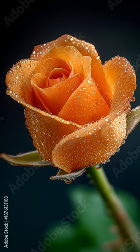 A stunning close-up of a vibrant orange rose adorned with fresh droplets of water, showcasing its delicate petals and rich color against a dark background.