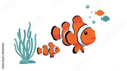 Bright orange clownfish swimming near blue seaweed and bubbles in an underwater ocean scene for marine life education.