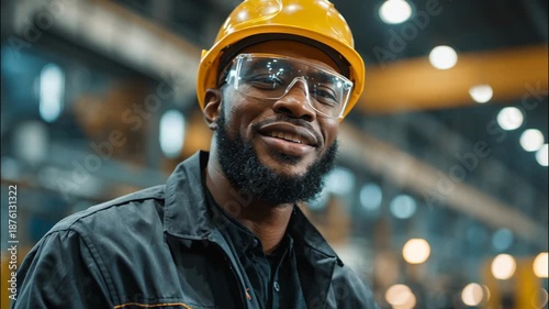 Smiling black man wearing hard hat and safety glasses in factory  