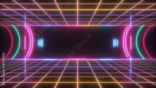 Vibrant neon light grid tunnel with futuristic glow, an abstract retro cyberspace portal in 3D digital render, perfect for gaming or tech backgrounds