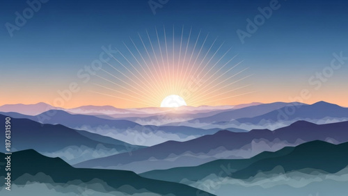 Serene mountain landscape at sunrise with misty valleys and vibrant sunburst