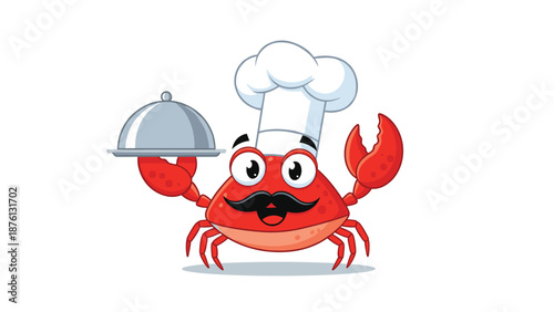 Friendly red crab character wearing a white chef hat and holding a silver serving platter as a restaurant mascot.