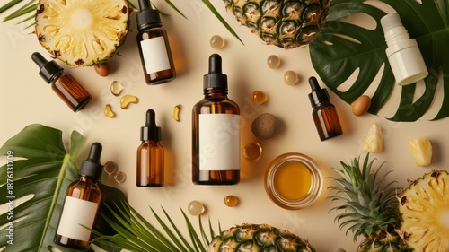 Holistic Beauty Flat Lay with Amber Serum Bottles, Fresh Pineapple, Monstera Leaves and Herbal Capsules