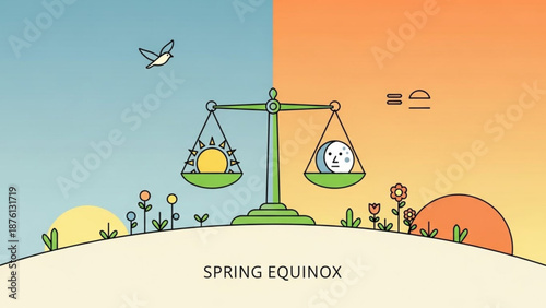 Spring equinox illustration with balance scale sun moon flowers and bird in flight at sunrise