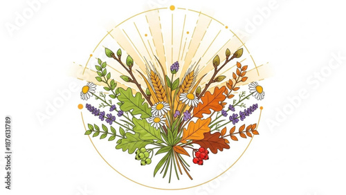 Vibrant floral arrangement in a circular gold frame with sunburst background and colorful leaves and flowers