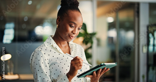 Foto App, ideas and tablet with black woman in office for information, project management or report