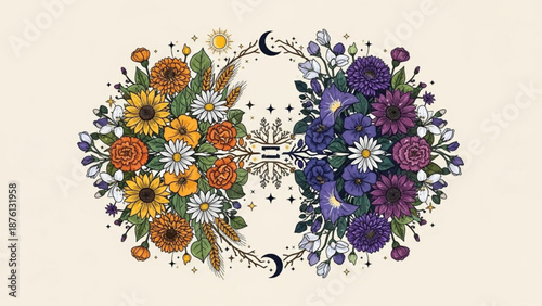 Vibrant floral moon phases symbol with sunflowers daisies and purple flowers on beige background representing nature and astronomy