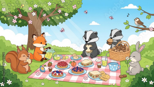 Woodland animals having a picnic in a sunny meadow with a tree and flowers
