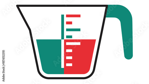 Measuring cup with red and green liquid viewed from the front